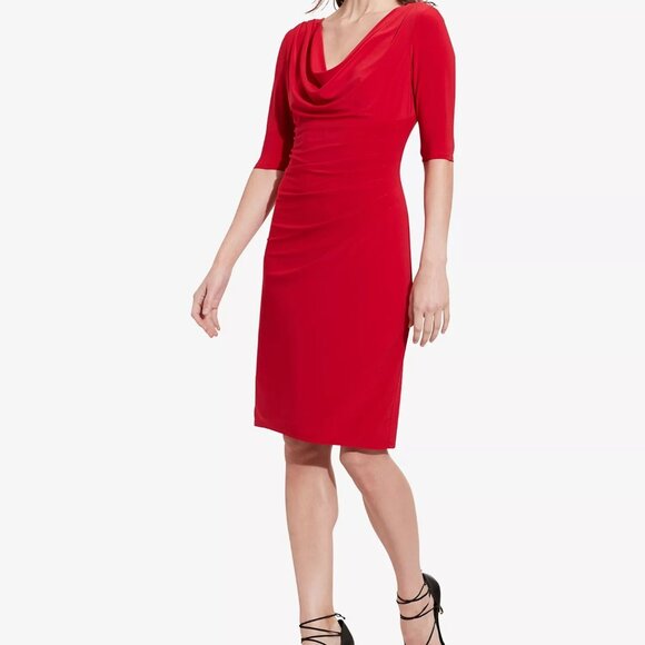 NWT Lauren Ralph Lauren Red Cowl Neck Jersey Ruched Dress Size 6 Half Sleeve - Picture 1 of 8